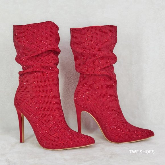 Resolve Sparkling Red Rhinestone High Heel Slouch Calf Boots New Years Bling - Picture 12 of 17